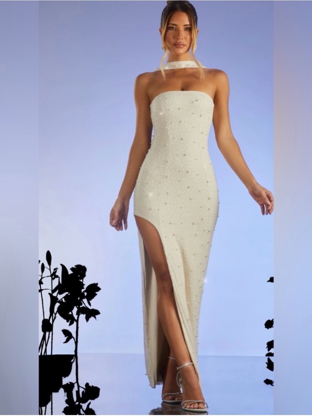 Oh Polly Strapless Ivory Beaded High-Slit Gown